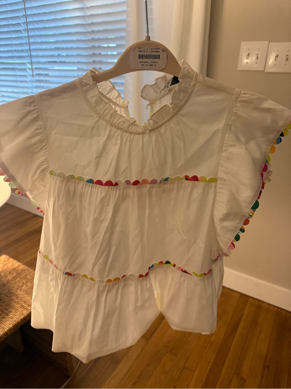 CROSBY by Mollie Burch White Ruffle Top with Multicolor Scallop Trim